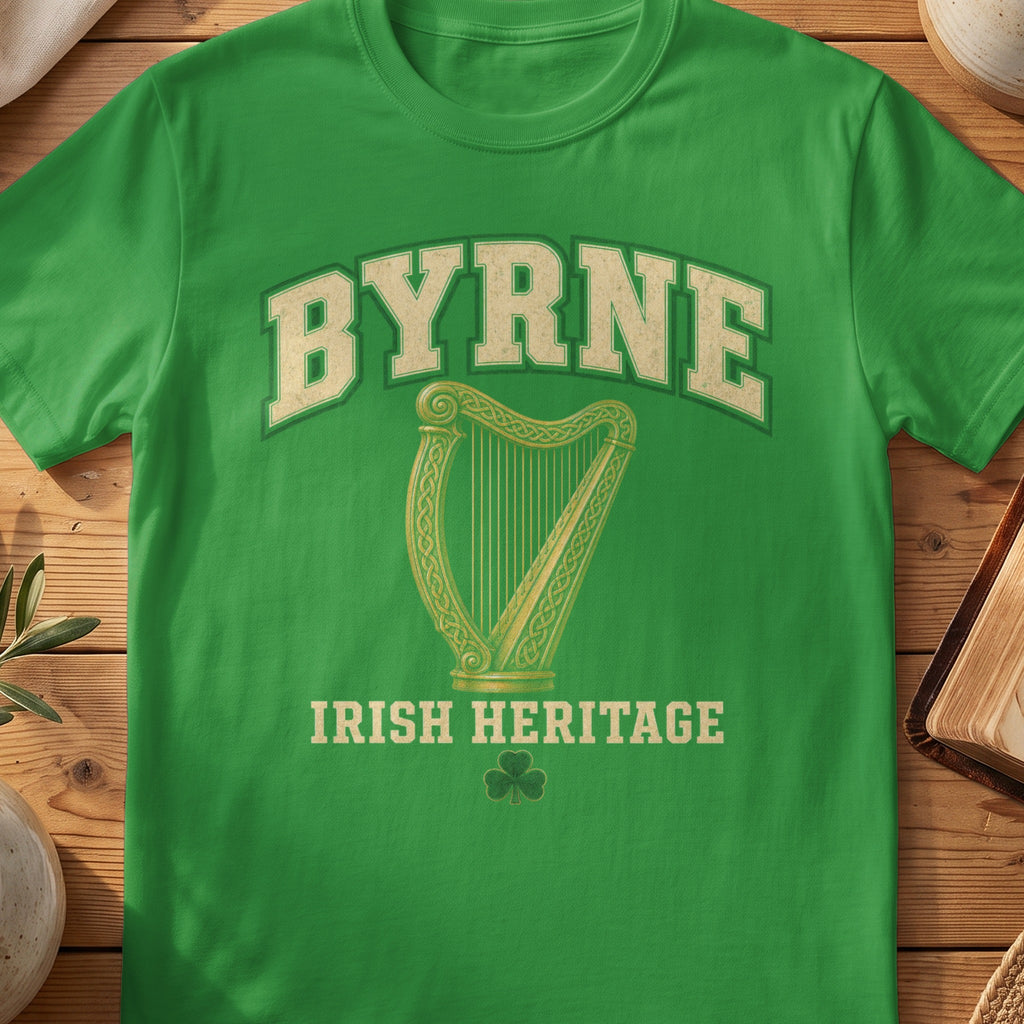 Byrne Irish harp T-shirt in Irish Green, with cream surname lettering, a gold-toned harp, green shamrock and “Irish Heritage” text.