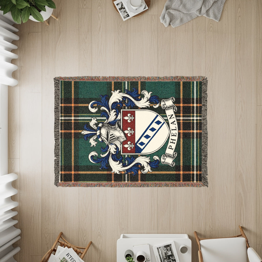 Close-up of Phelan family crest design on Irish National Tartan heirloom woven blanket