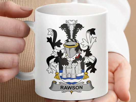 Rawson Family Crest Coat of Arms Mug - Celtic Ancestry Gifts