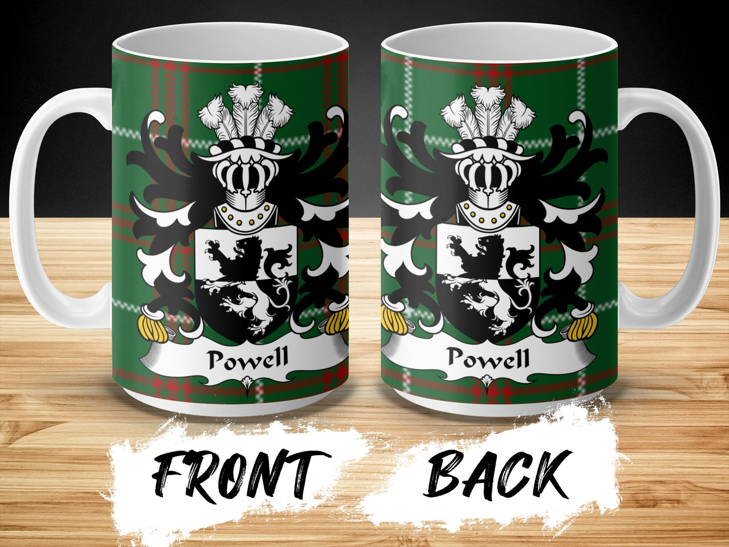 Powell Coat of Arms on Welsh National Tartan Background Mug - Living Stone Gifts