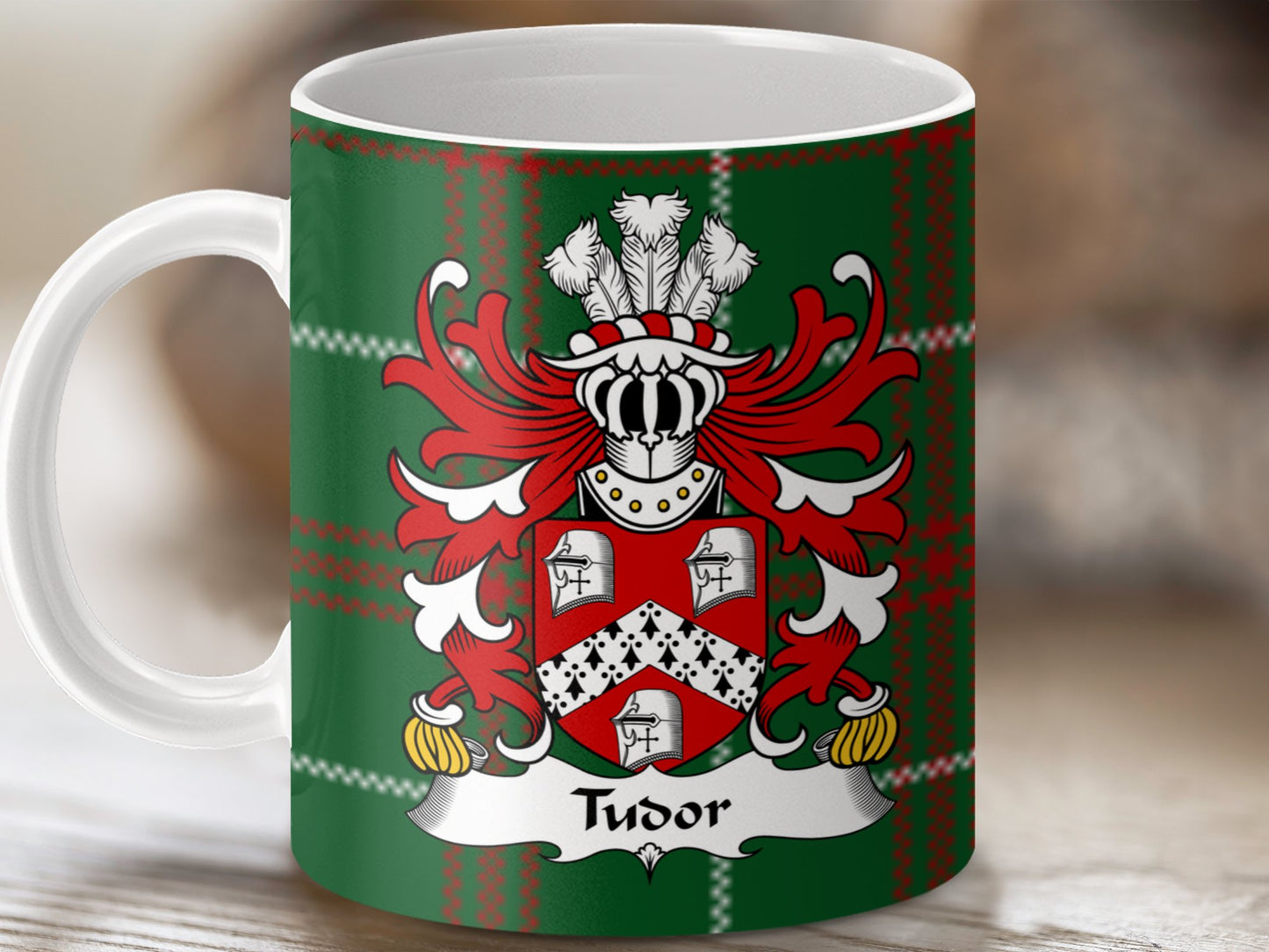 Tudor Coat of Arms on Welsh National Tartan Mug - Living Stone Gifts