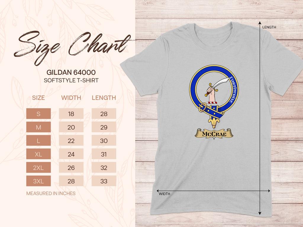 Gildan 64000 size chart for McCrae Scottish clan crest T-shirt