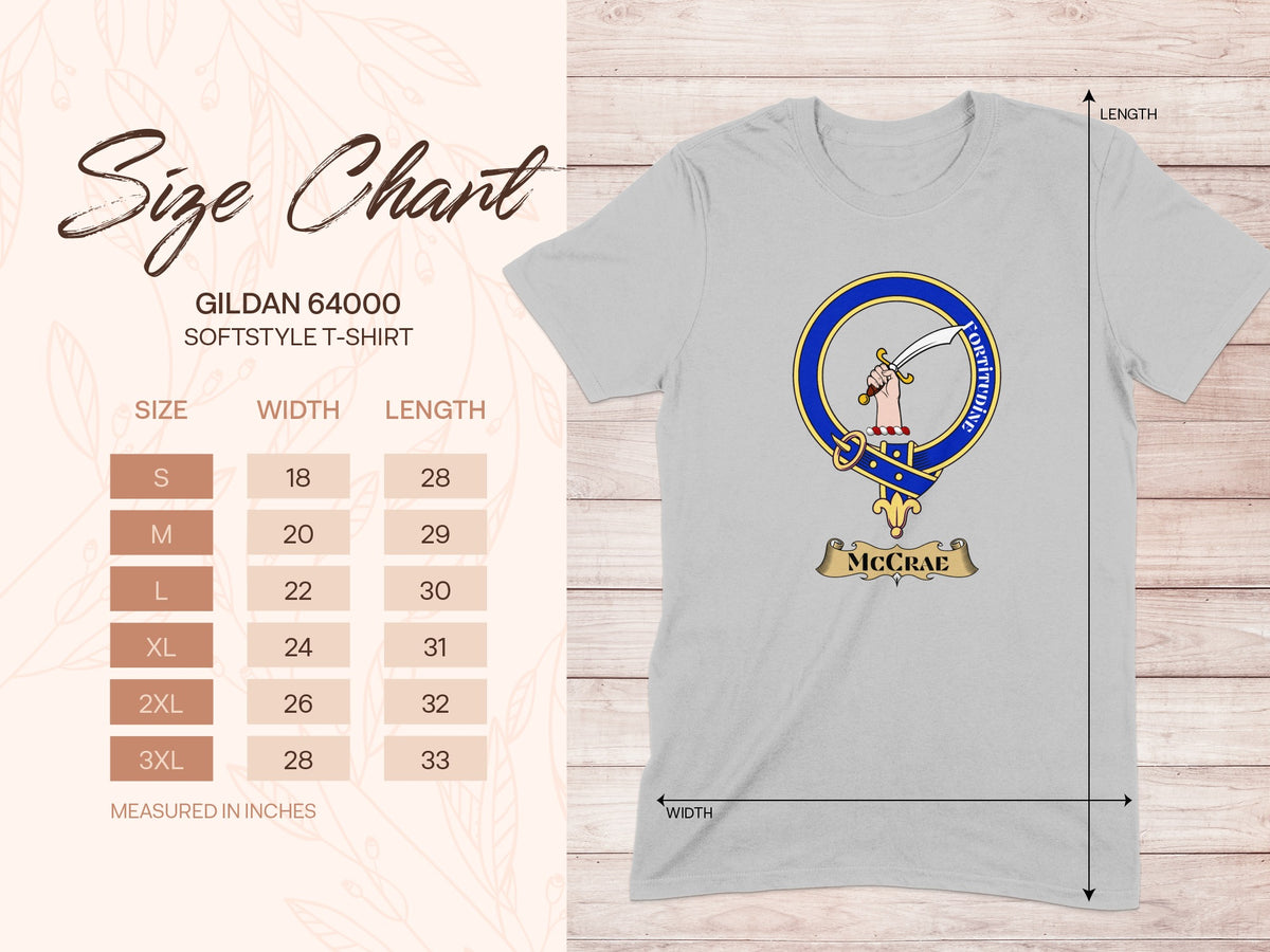 Gildan 64000 size chart for McCrae Scottish clan crest T-shirt