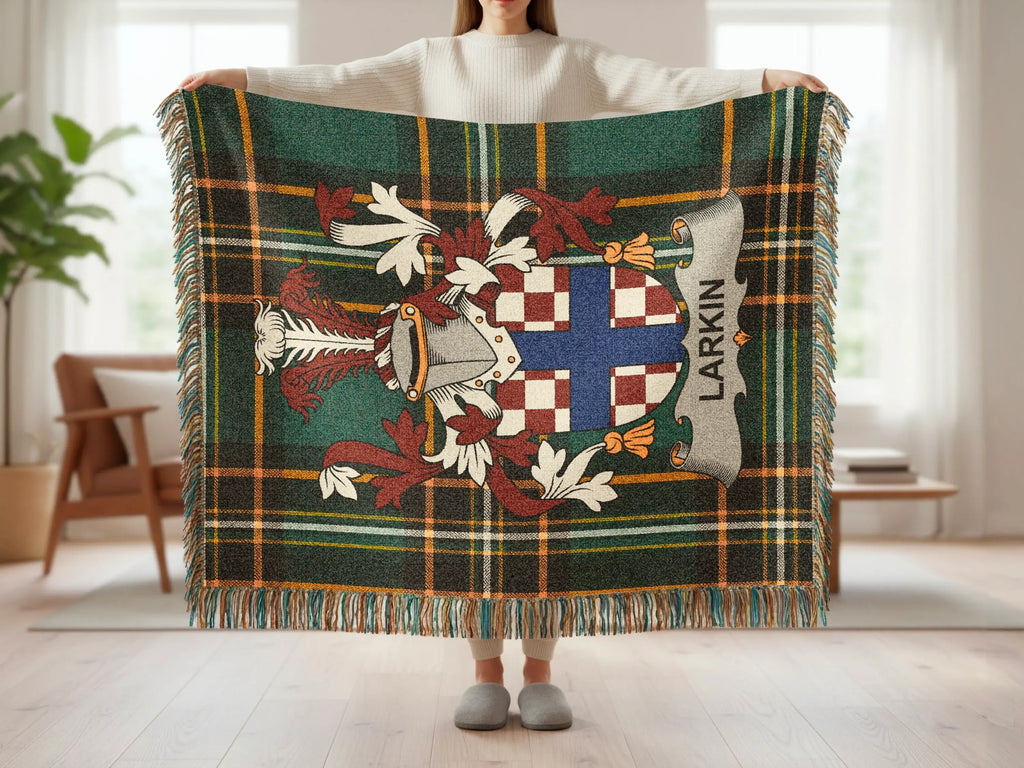Tartan blanket with Larkin crest and Scottish flag pattern.