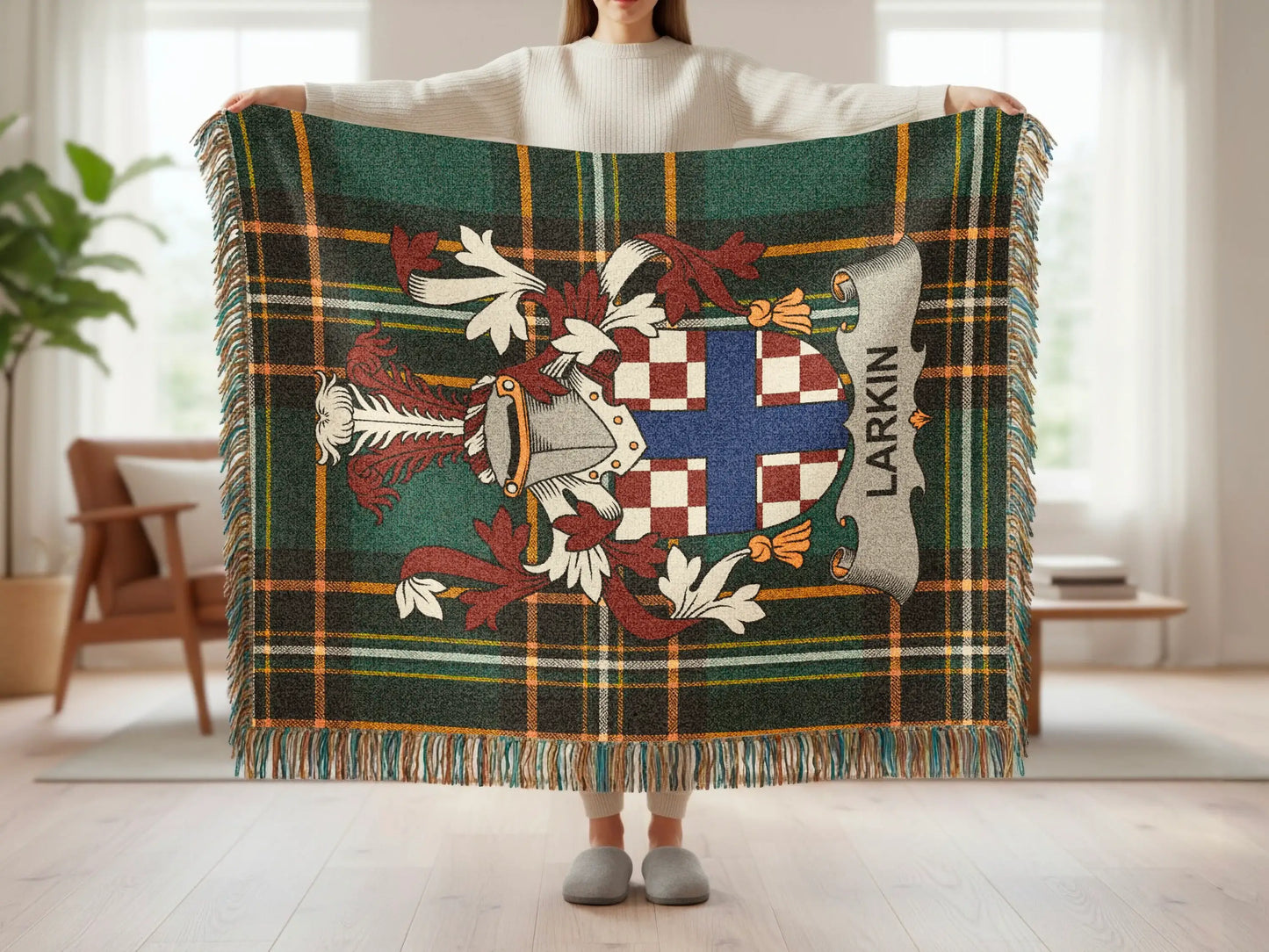 Tartan blanket with Larkin crest and Scottish flag pattern.