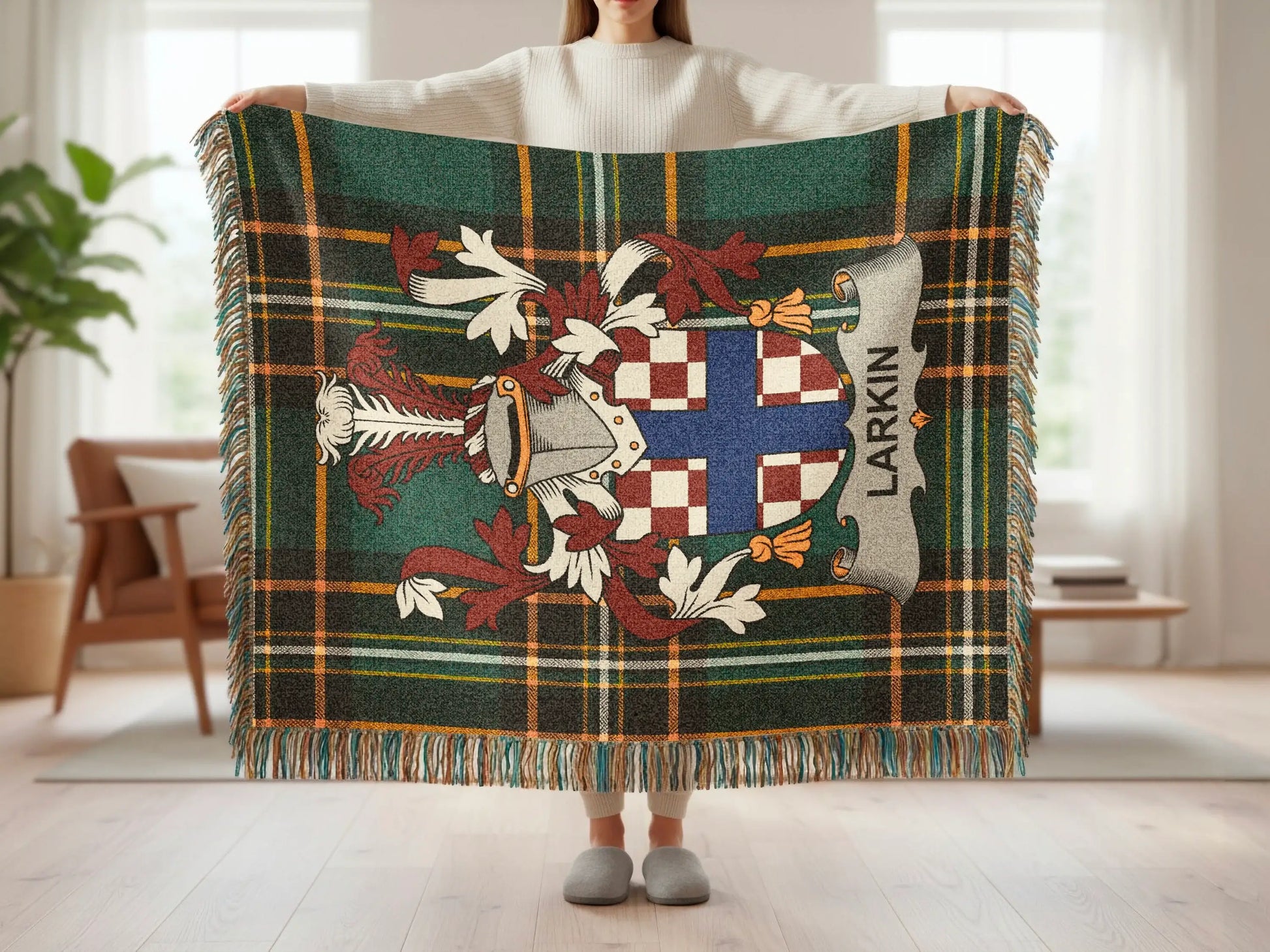 Tartan blanket with Larkin crest and Scottish flag pattern.