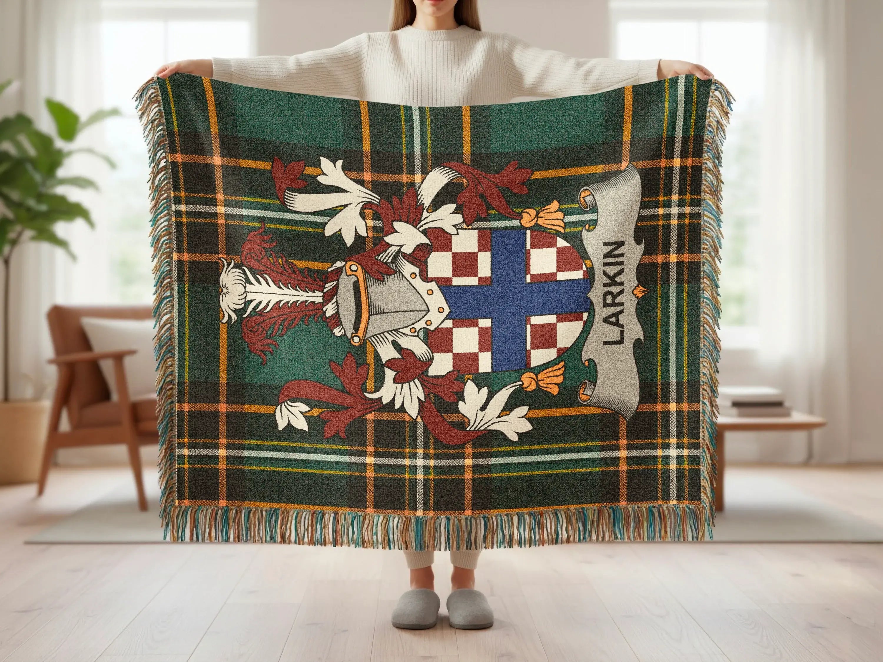 Tartan blanket with Larkin crest and Scottish flag pattern.