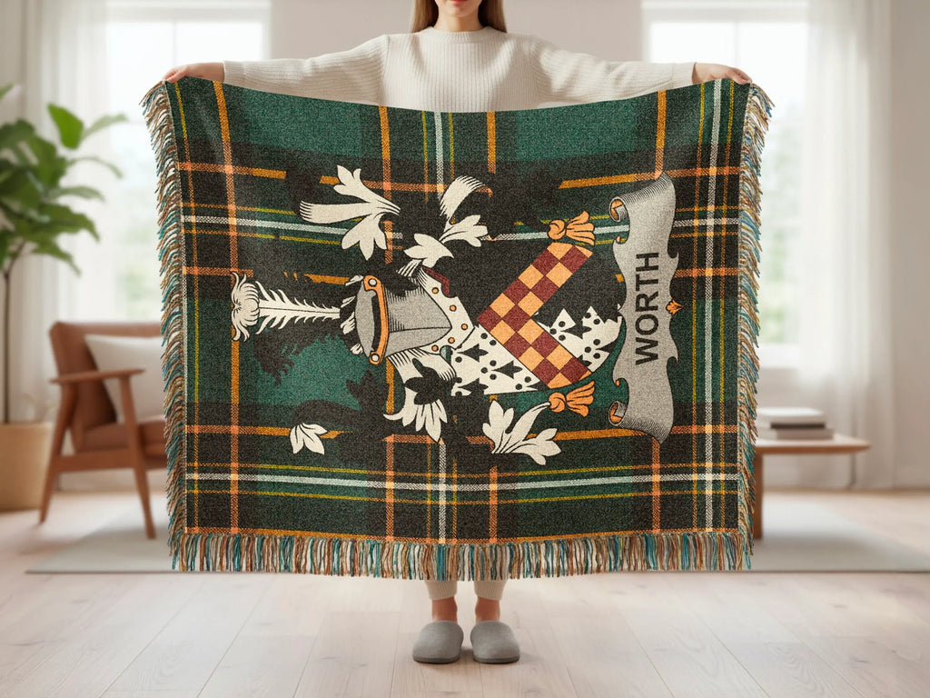 Tartan blanket featuring a crest with the word "WORTH".