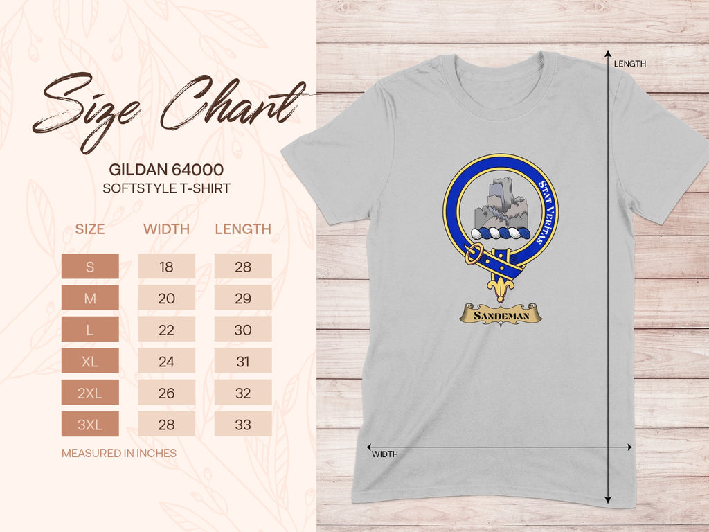 Gildan 64000 size chart for Sandeman Scottish clan crest T-shirt