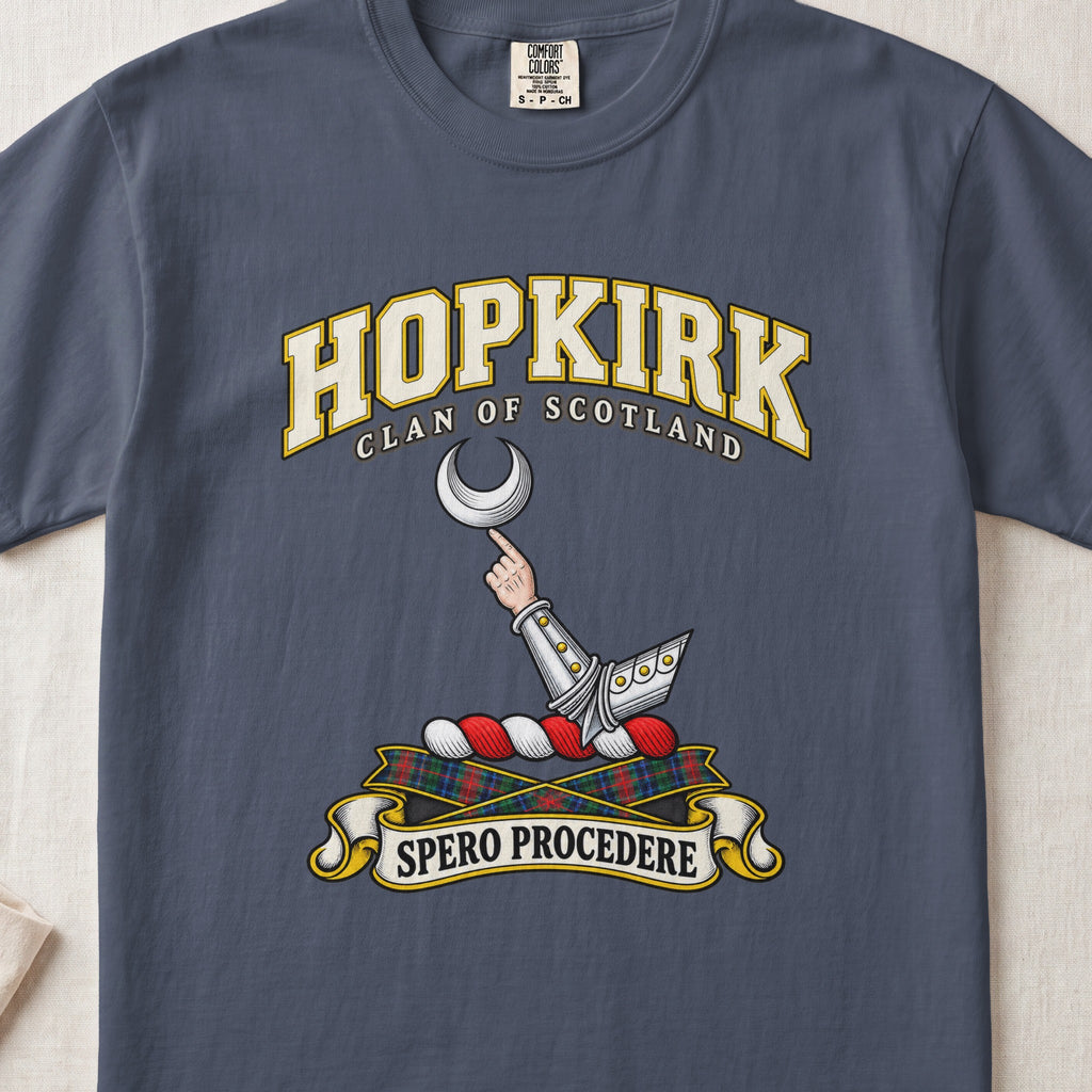 Hopkirk Scottish clan T-shirt in Midnight, front view with an armoured arm holding a silver crescent and motto banner.