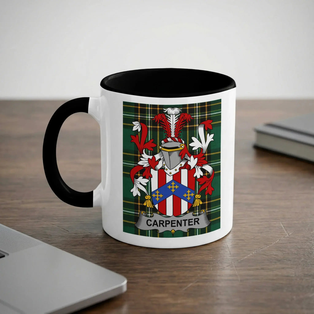 White mug with black rim featuring Carpenter family crest on a tartan background.