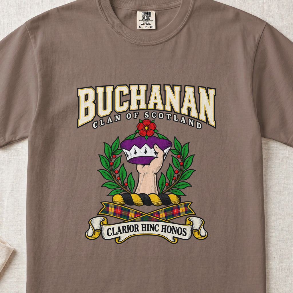 Buchanan Scottish clan graphic T-shirt in Espresso, front view