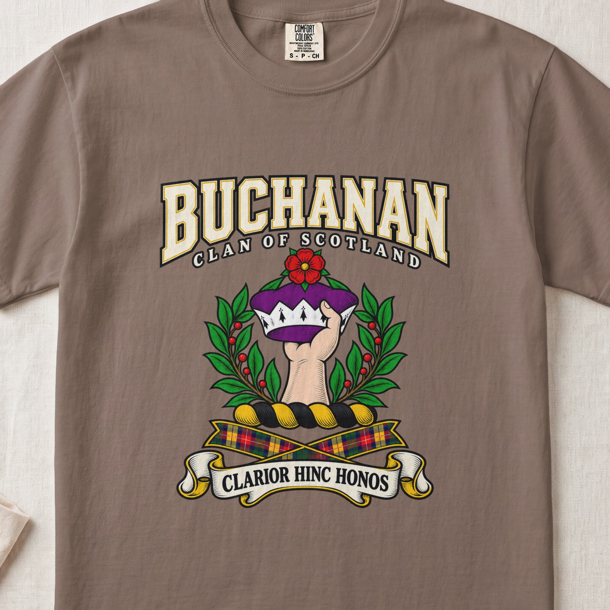 Buchanan Scottish clan graphic T-shirt in Espresso, front view