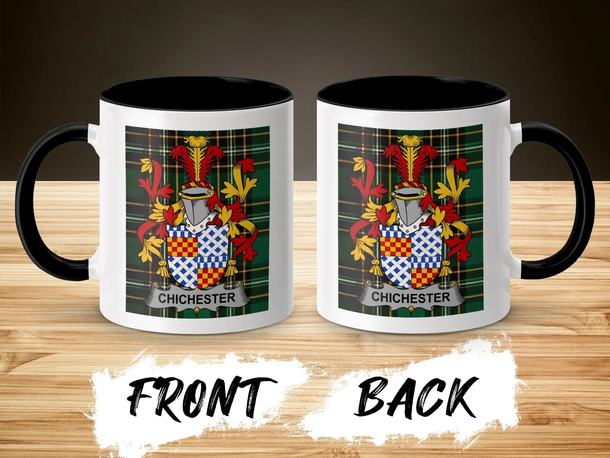 Chichester crest on white mugs, front and back, with black interior and handle.