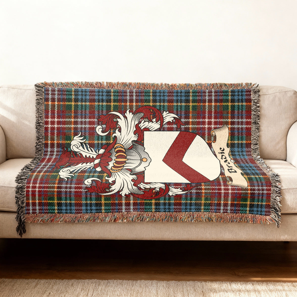 Bradie Caledonia tartan heritage woven throw blanket with family shield