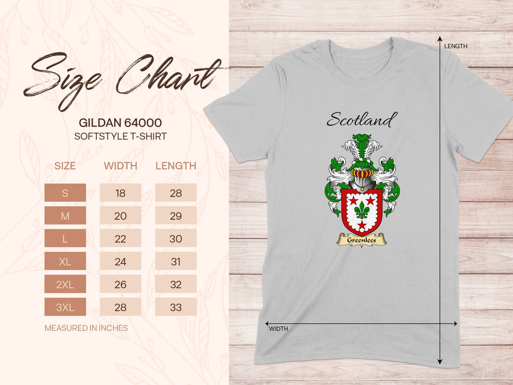 Gildan 64000 size chart for the Greenlees unisex T-shirt, sizes S to 3XL