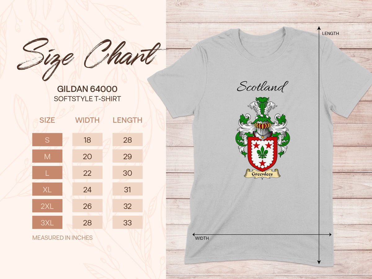 Gildan 64000 size chart for the Greenlees unisex T-shirt, sizes S to 3XL