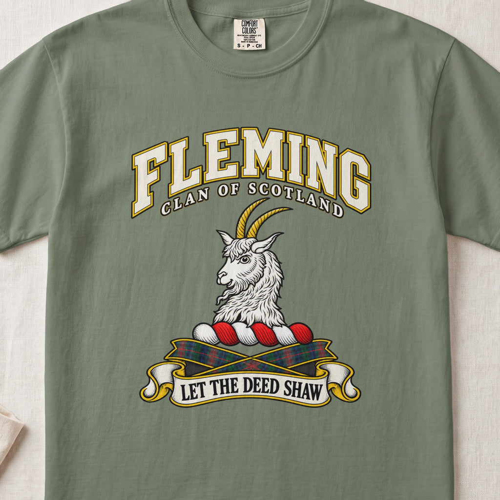 Fleming Scottish clan T-shirt in Moss, front view with a silver goat head with golden horns and motto banner.