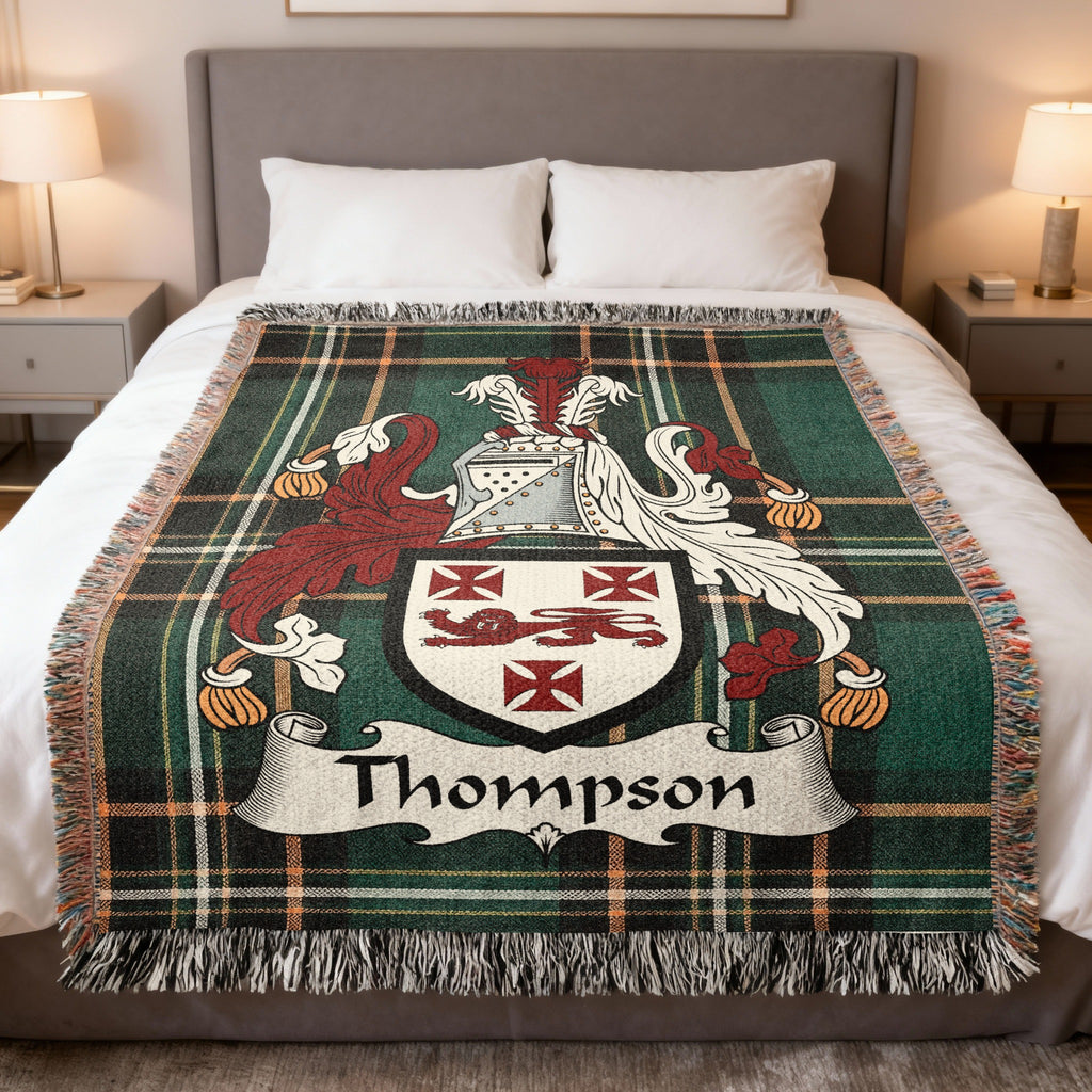 Thompson Irish heritage woven blanket with family crest emblem