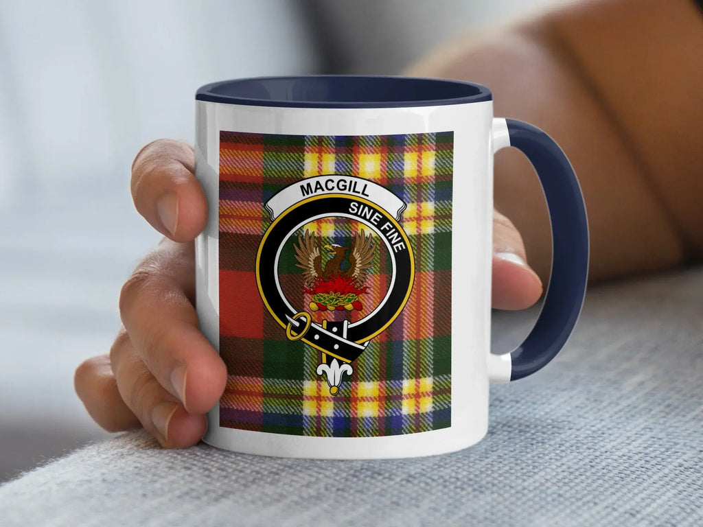 MacGill Sine Fine Crest on Tartan Background Mug