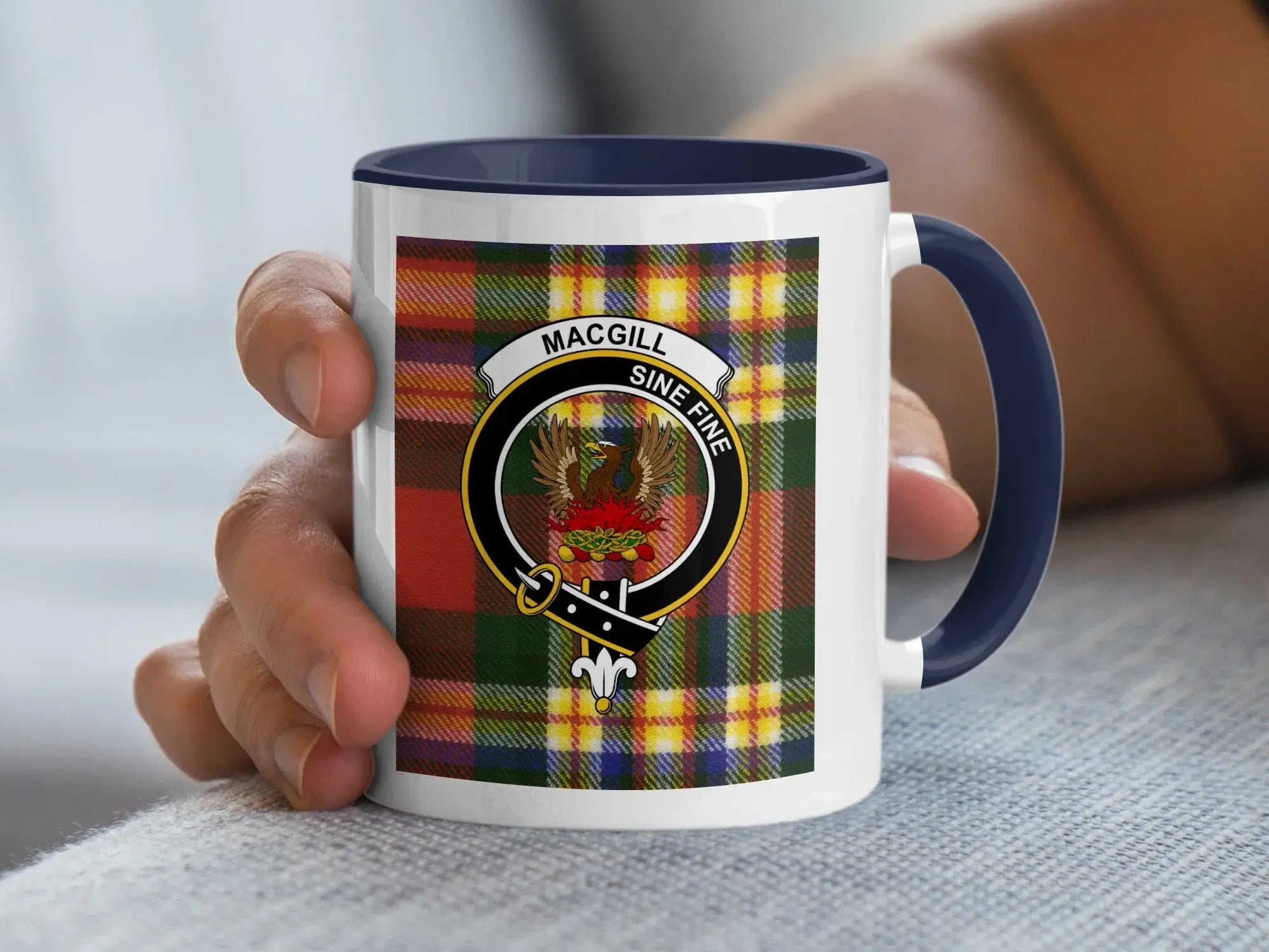MacGill Sine Fine Crest on Tartan Background Mug