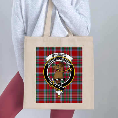 Binning Clan Crest with Scottish Tartan Background Tote Bag - Living Stone Gifts