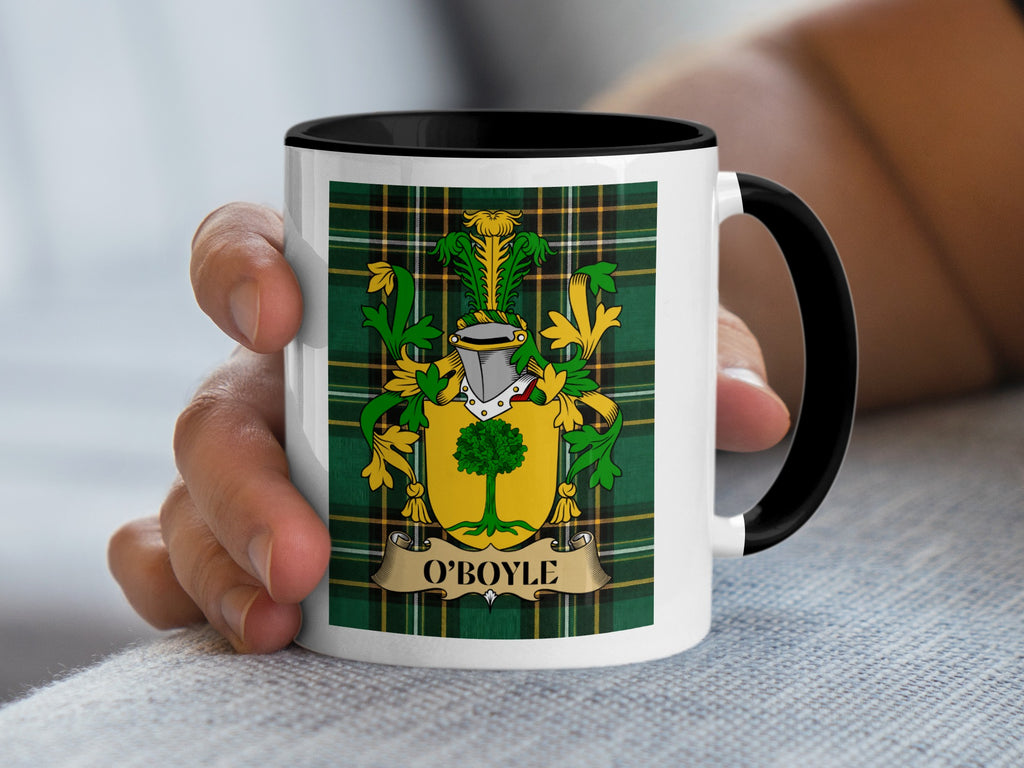 O'Boyle Irish National Tartan family crest mug held in hand