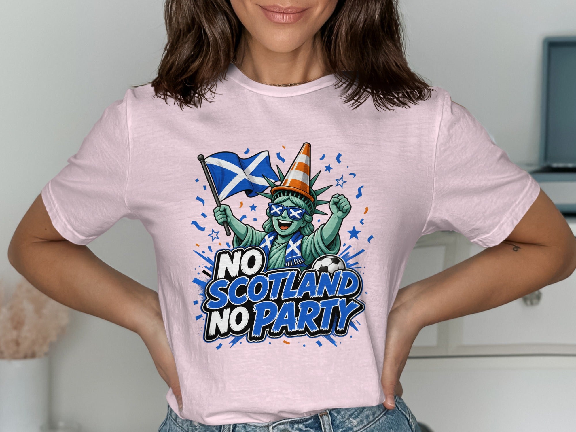 Statue of Liberty holding Scottish flag with "No Scotland No Party" text.