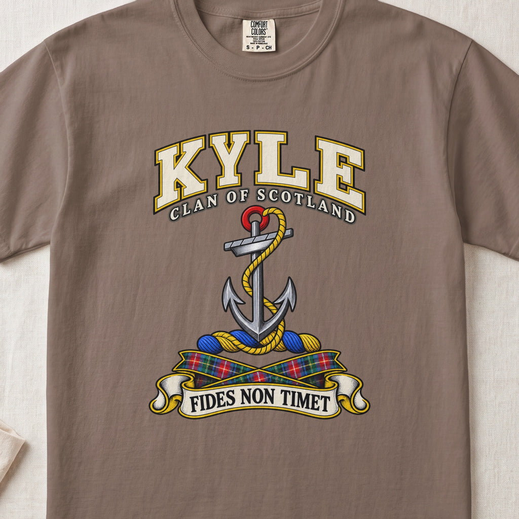 Kyle Scottish clan T-shirt in Espresso, front view with an anchor with a coiled rope and motto design.