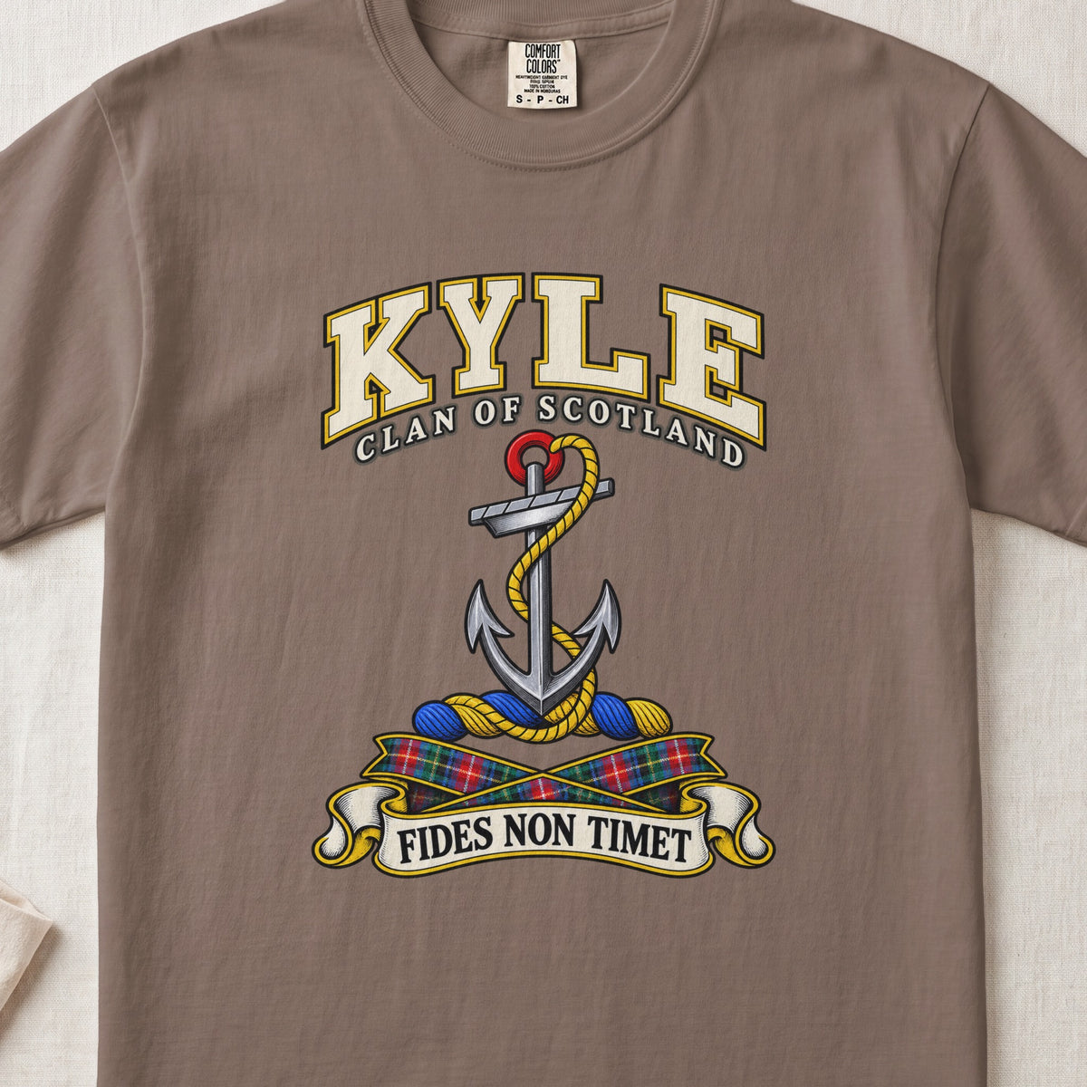 Kyle Scottish clan T-shirt in Espresso, front view with an anchor with a coiled rope and motto design.