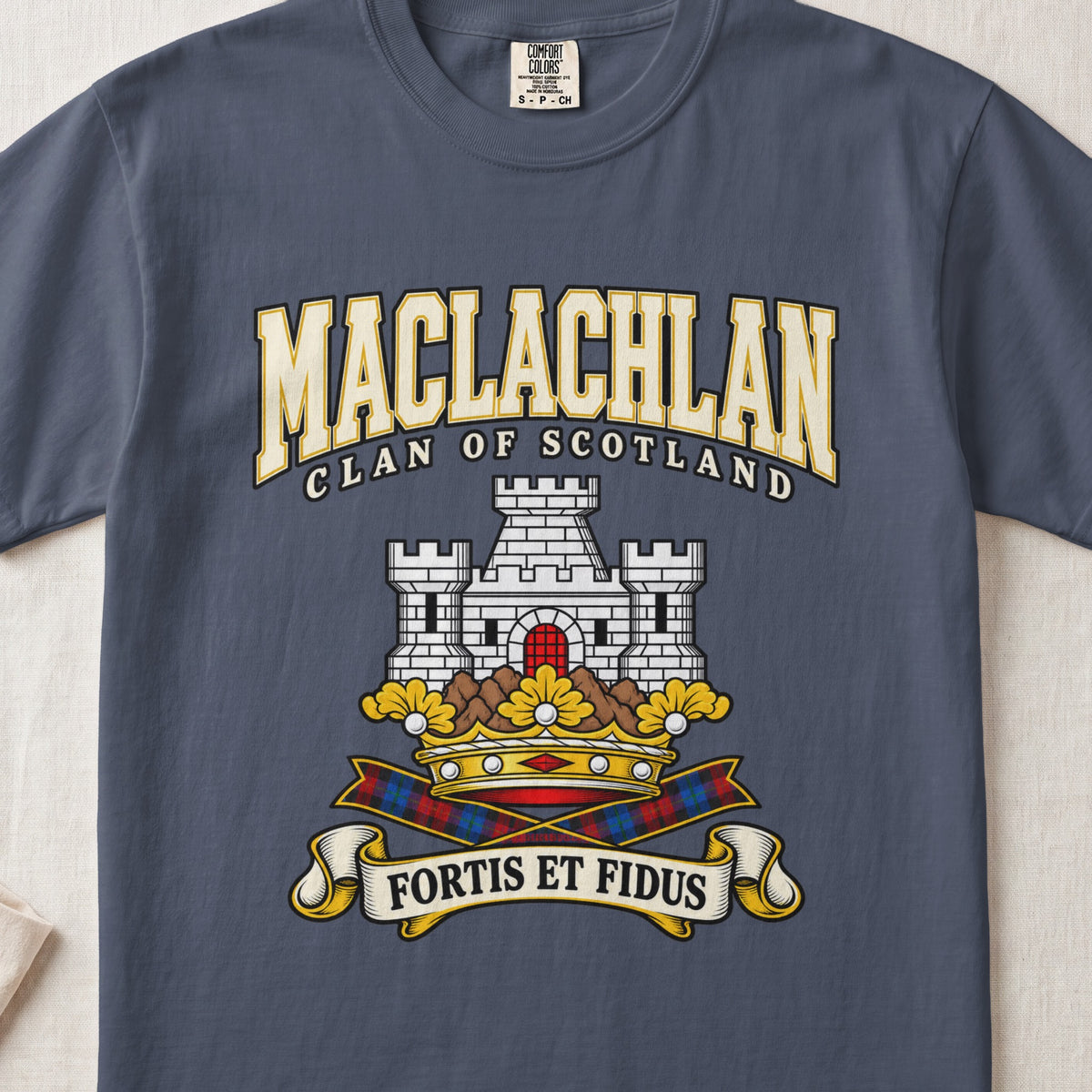 MacLachlan Scottish clan graphic T-shirt in Midnight, front view