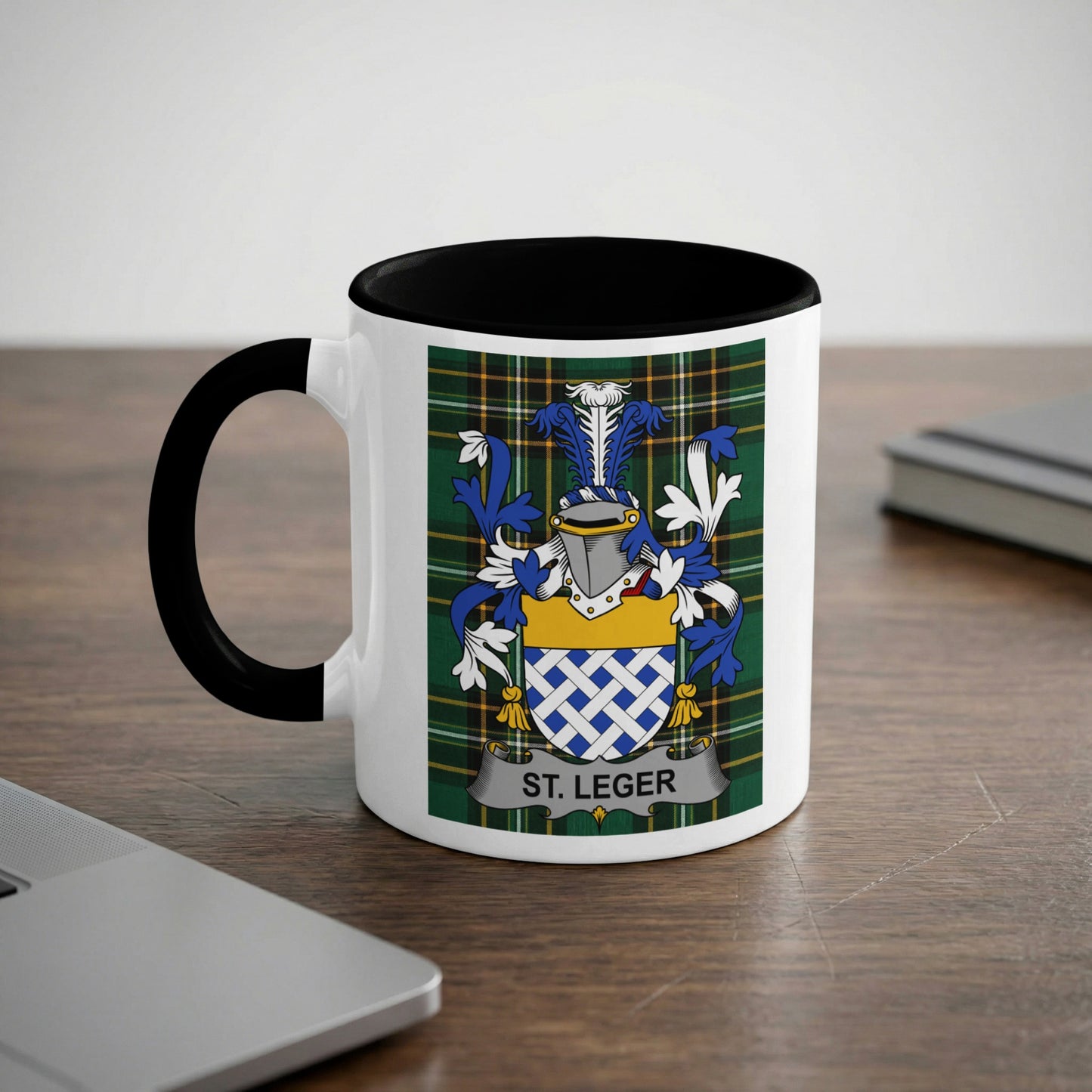 White mug with black handle displaying the "St. Leger" coat of arms.