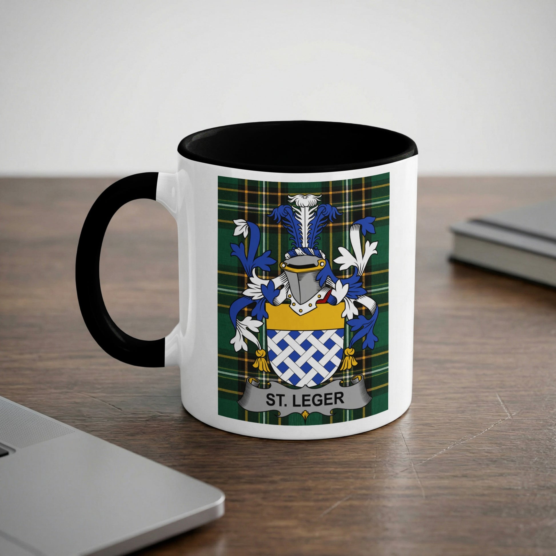 White mug with black handle displaying the "St. Leger" coat of arms.