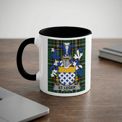 White mug with black handle displaying the "St. Leger" coat of arms.