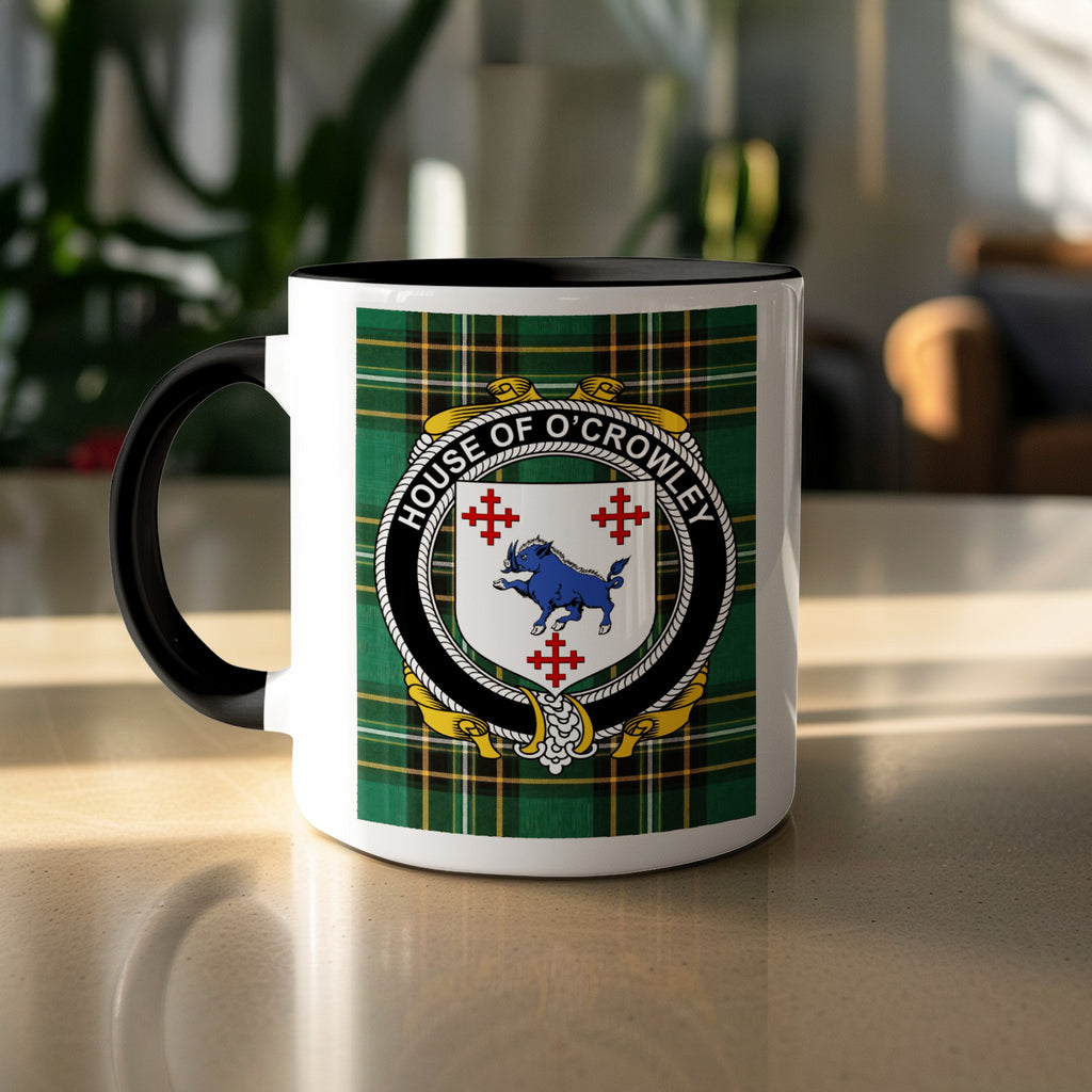 O'Crowley accent mug displayed with the Irish National Tartan design