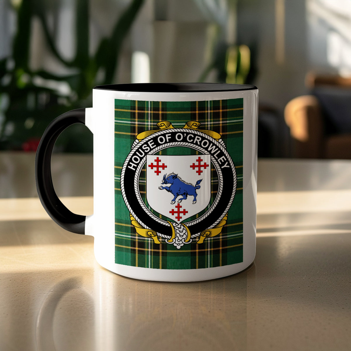 O'Crowley accent mug displayed with the Irish National Tartan design