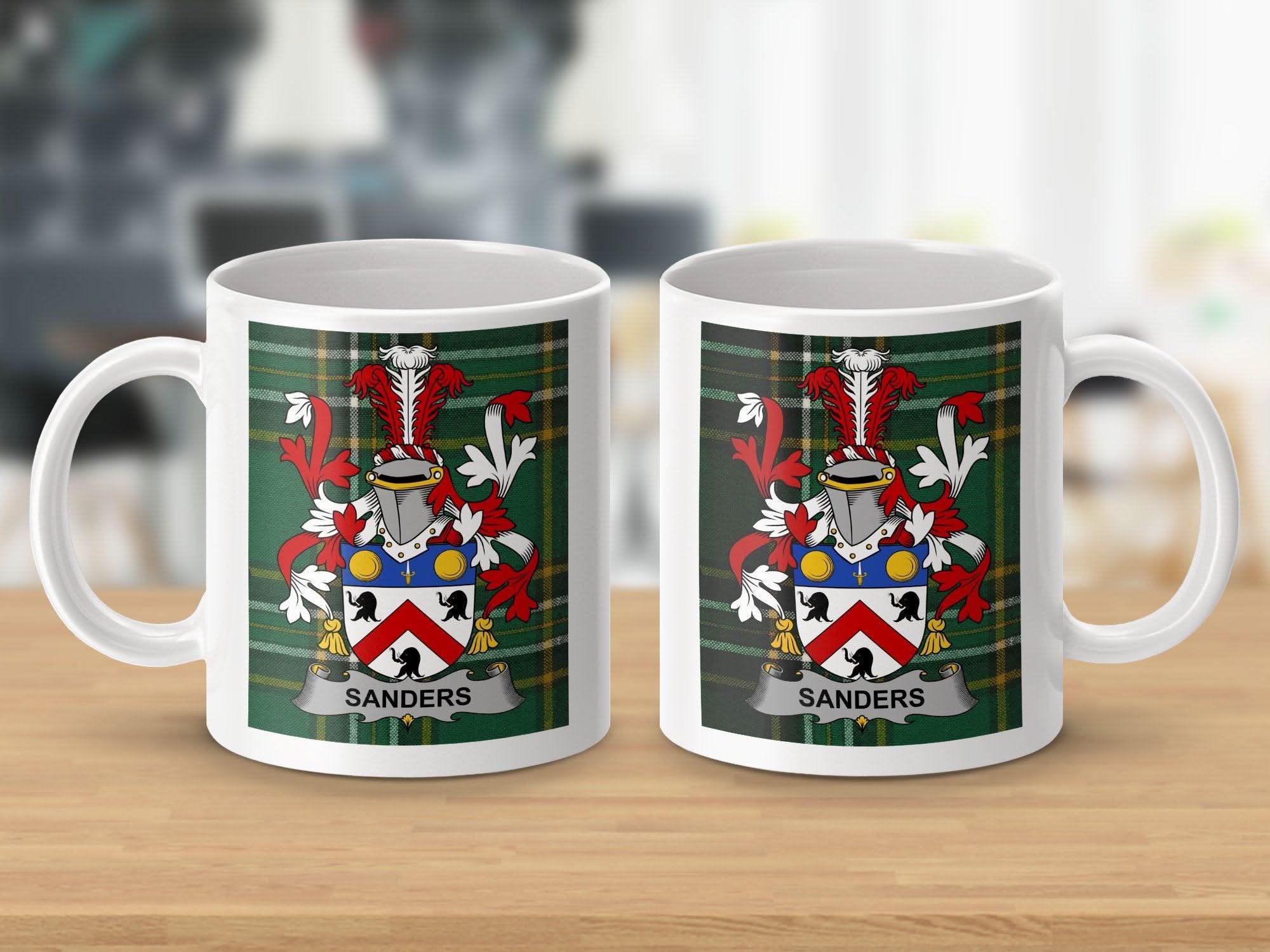 Sanders Surname Family Crest Irish Tartan Mug - Celtic Ancestry Gifts