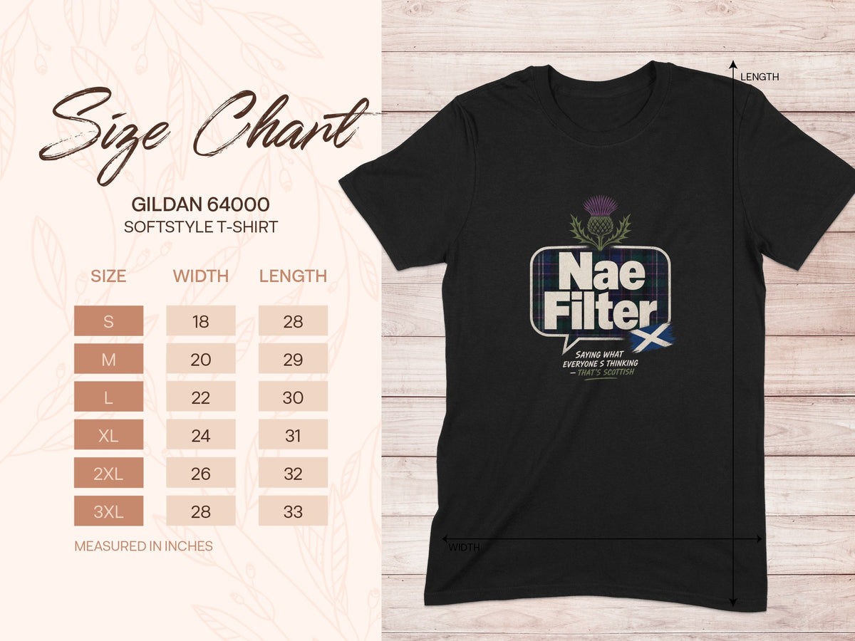 Gildan 64000 Softstyle T-shirt size chart with width and length measurements in inches.