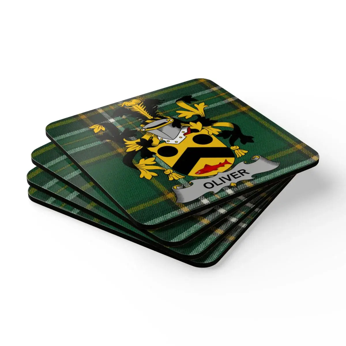 Green Plaid Family Crest Oliver Print Design Coaster Set product