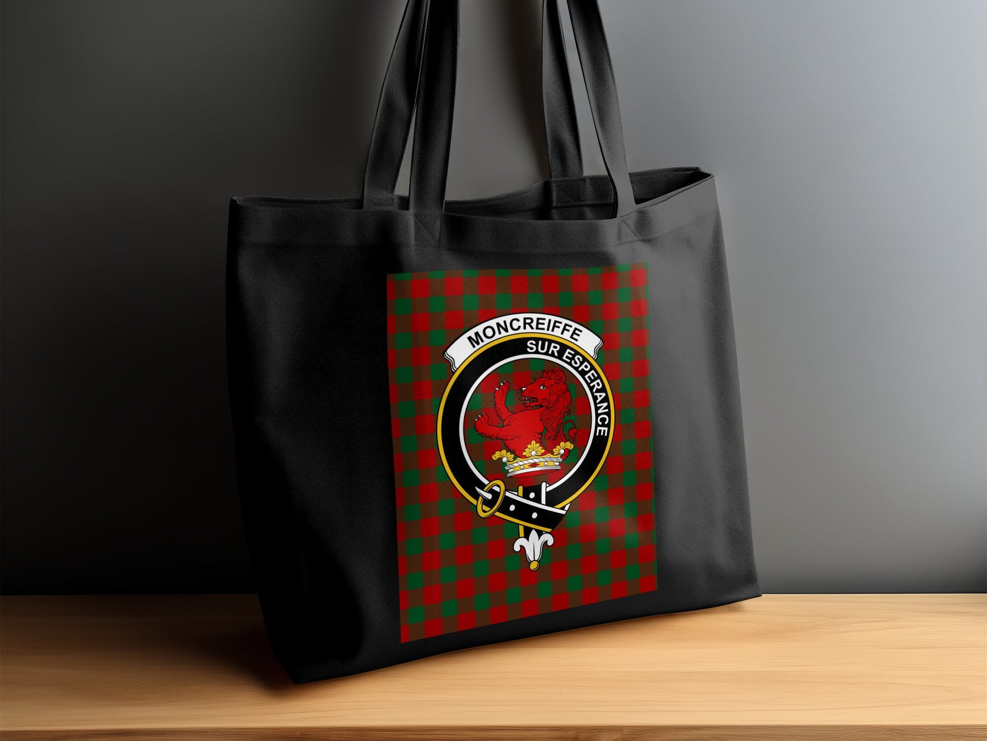 Moncreiffe Clan Crest on Tartan Background Tote Bag - Living Stone Gifts