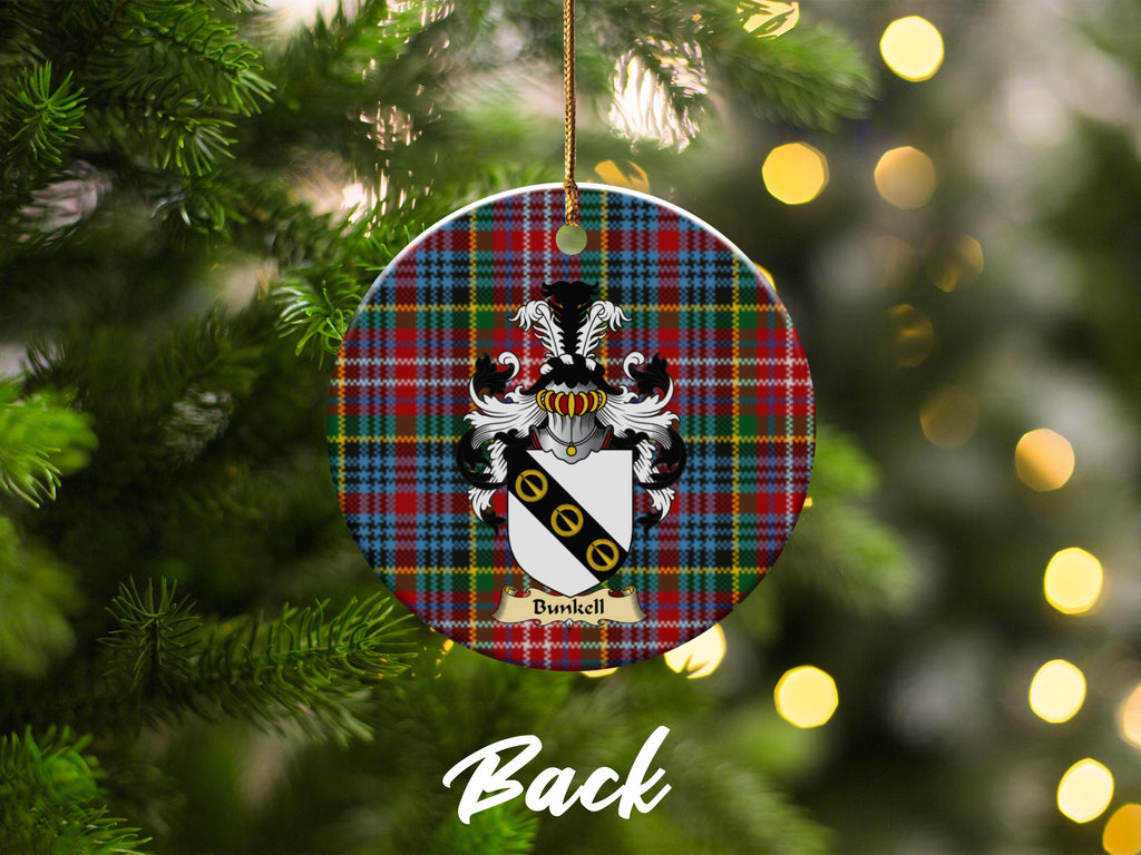 Double-sided Bunkell ceramic ornament with family shield and Caledonia tartan background