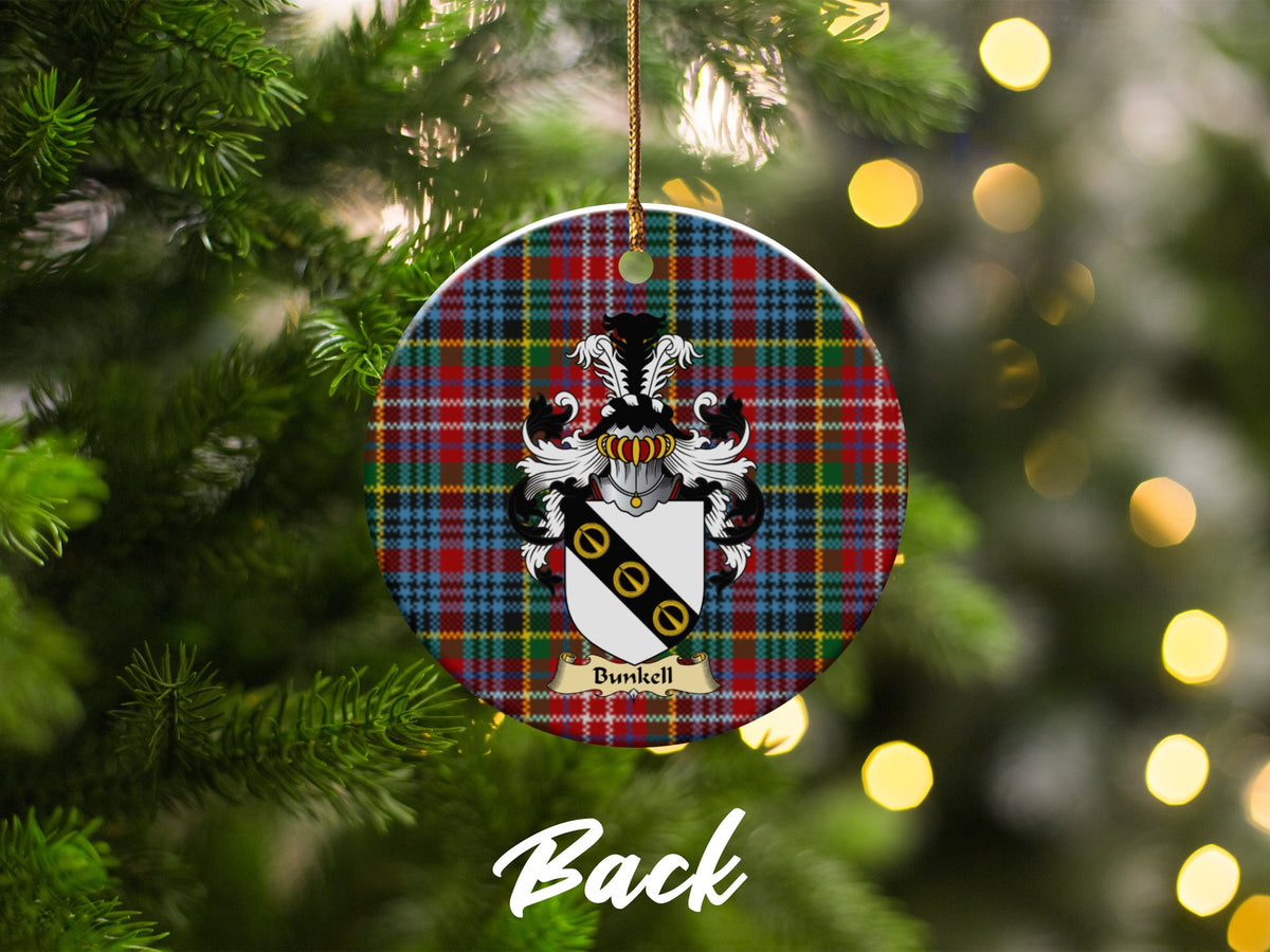 Double-sided Bunkell ceramic ornament with family shield and Caledonia tartan background