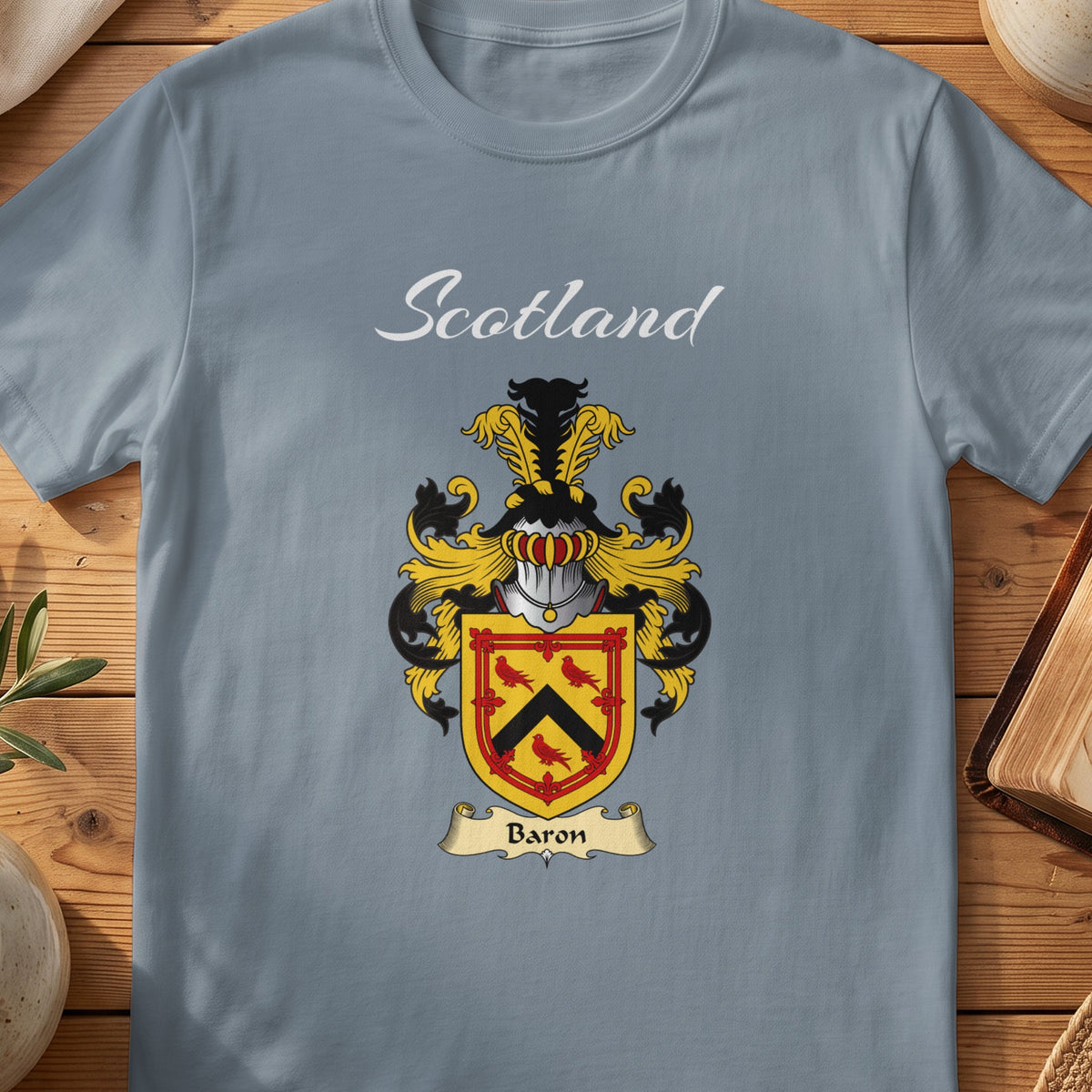Baron Scottish family shield T-shirt in Stone Blue