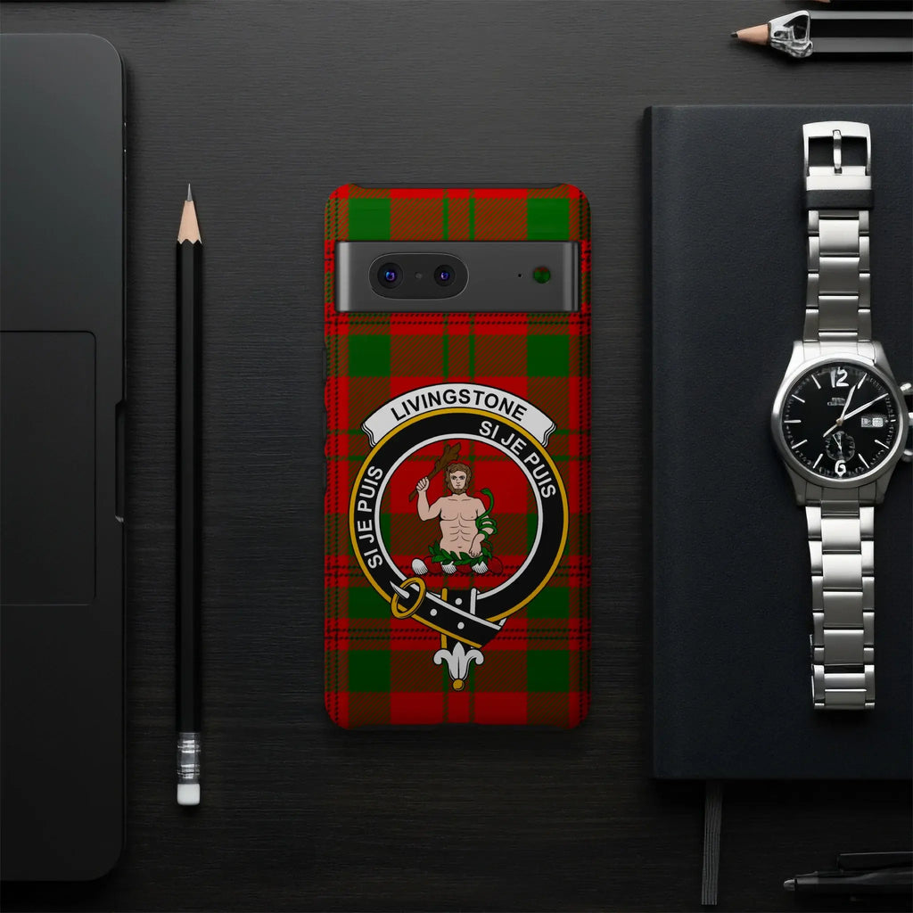 Clan Livingstone crest phone case — UV-resistant coating, full colour tartan wrap, multiple device options