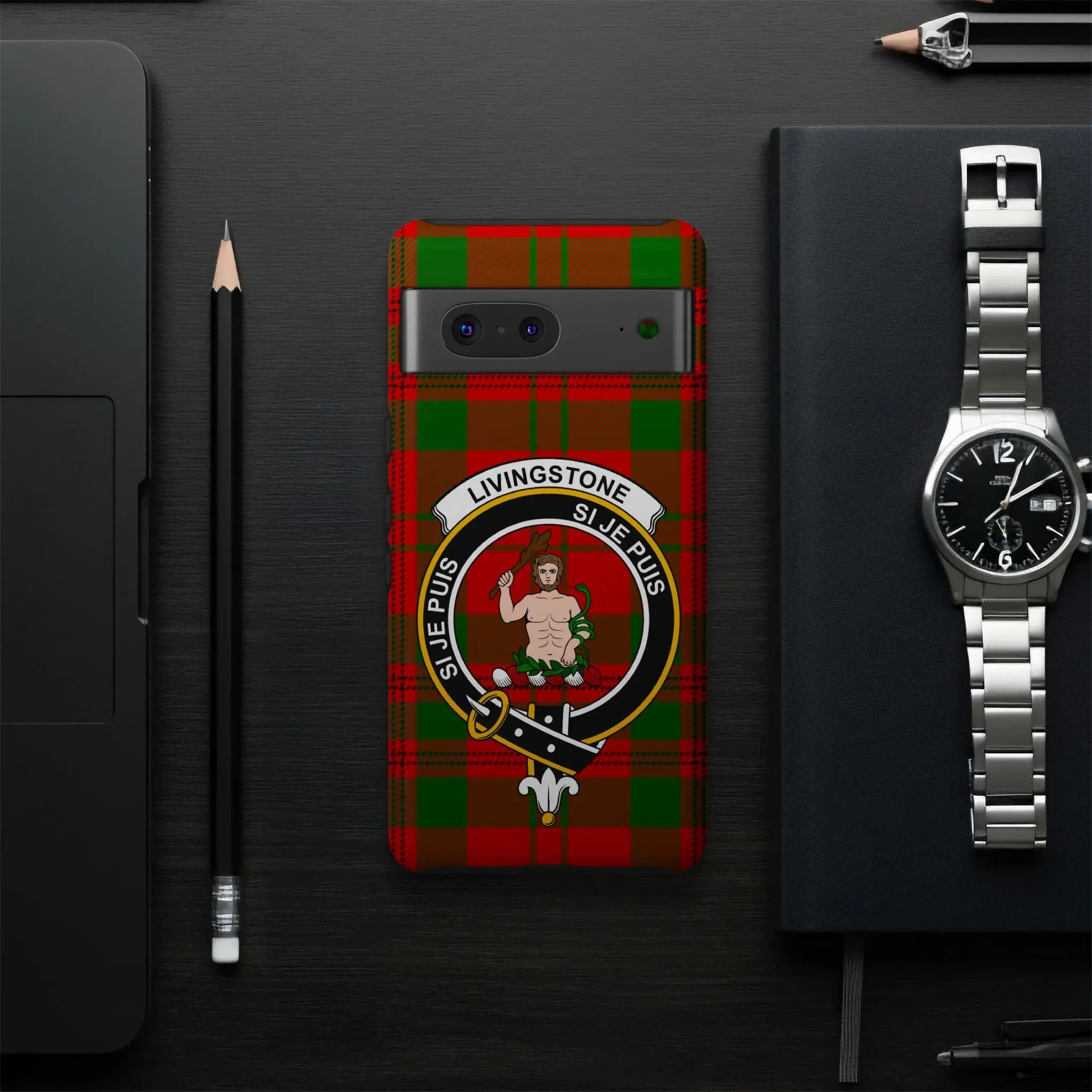 Clan Livingstone crest phone case — UV-resistant coating, full colour tartan wrap, multiple device options