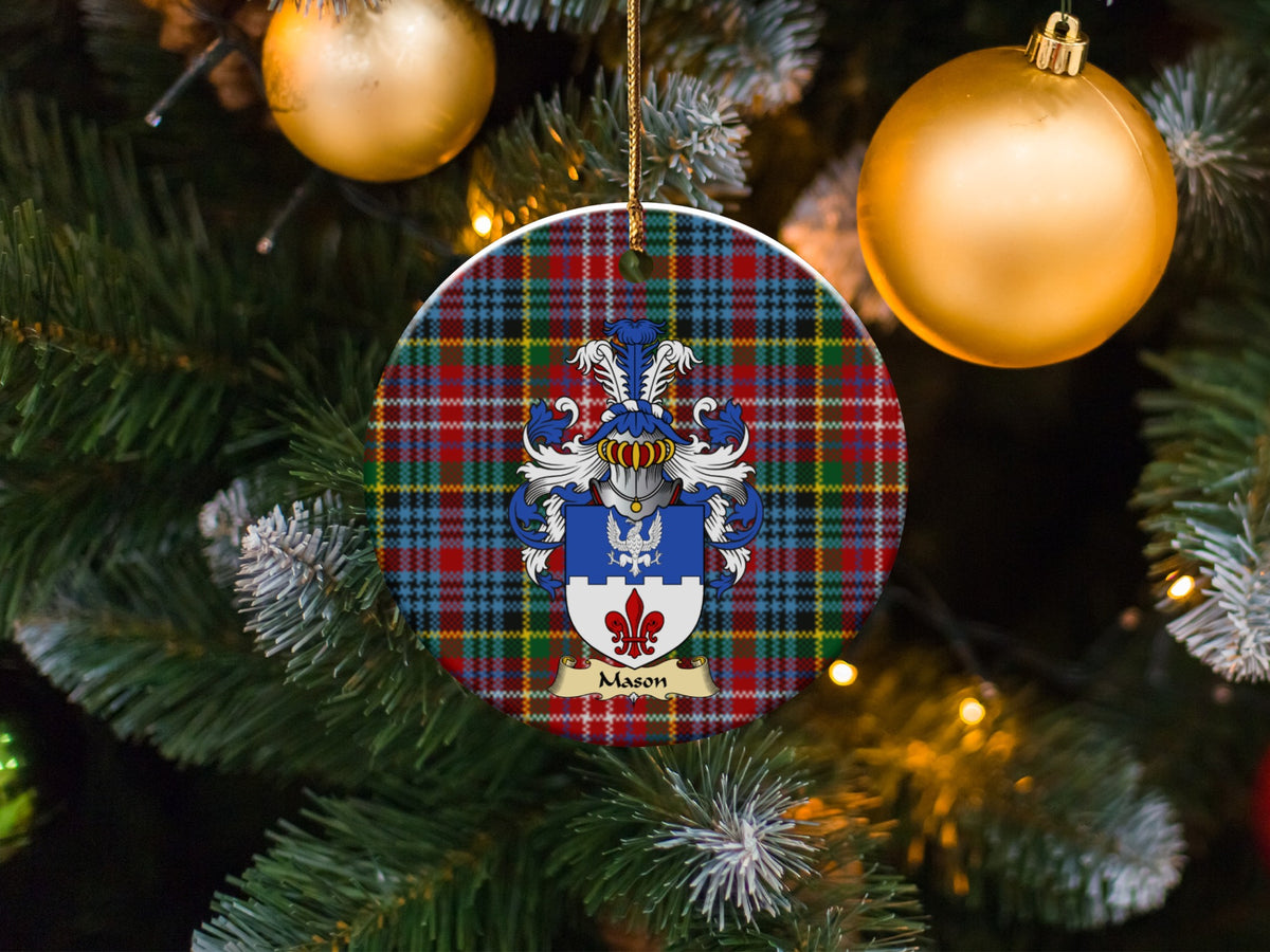 Mason family emblem ceramic Christmas ornament with Caledonia tartan background in festive holiday décor