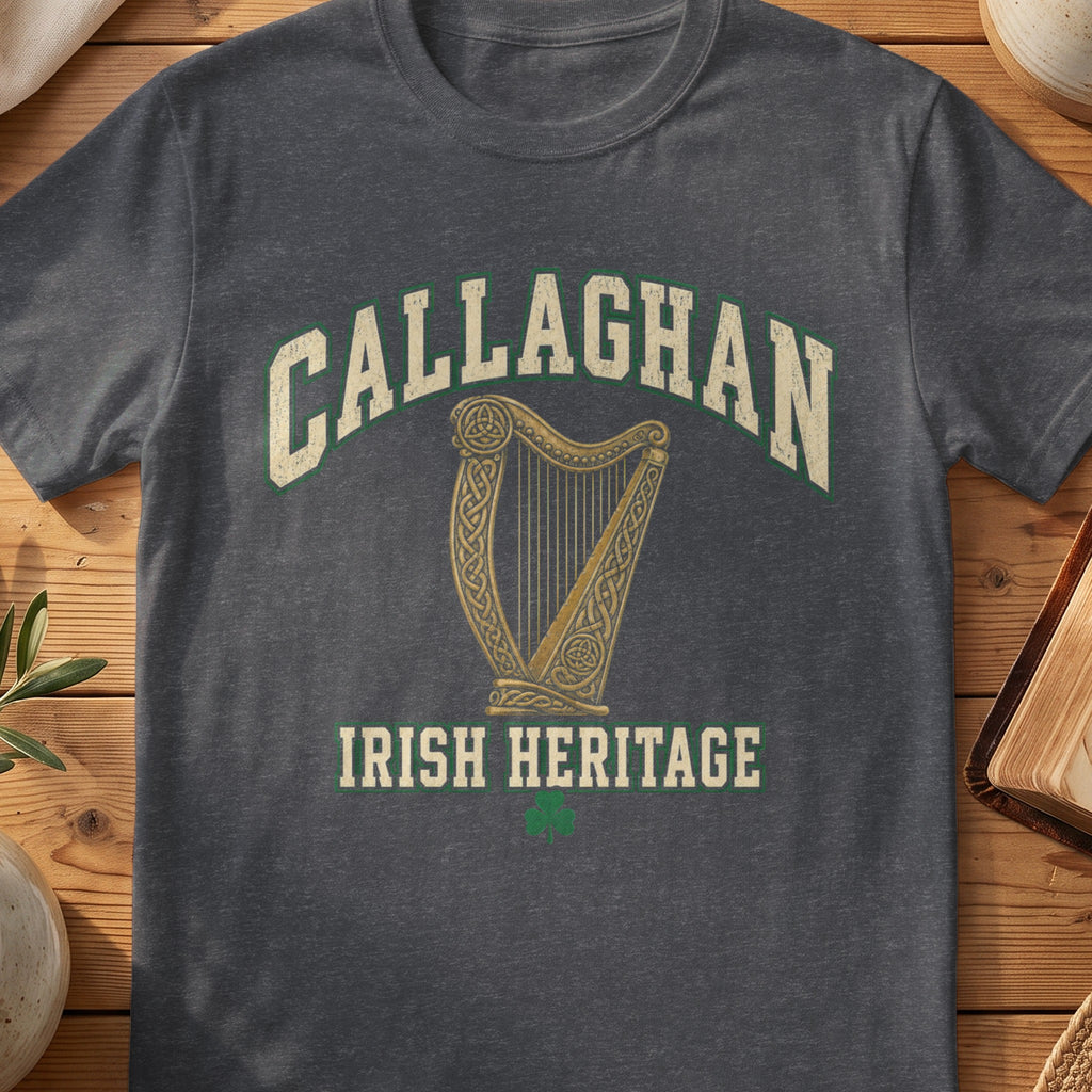 Callaghan Irish Heritage dark heather gray Gildan 64000 T-shirt with Celtic harp design