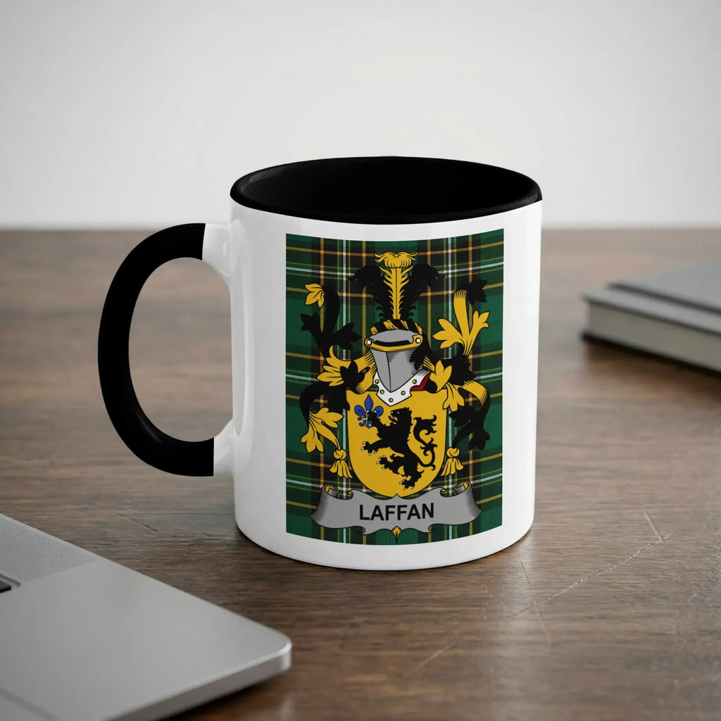 Laffan Irish heritage mug with black handle and family crest