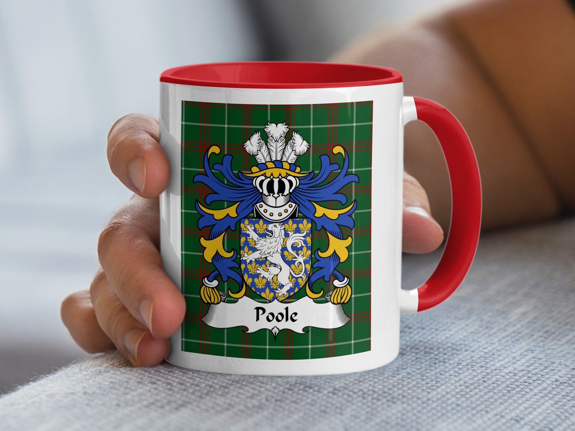 Poole Welsh family crest mug on Welsh National Tartan