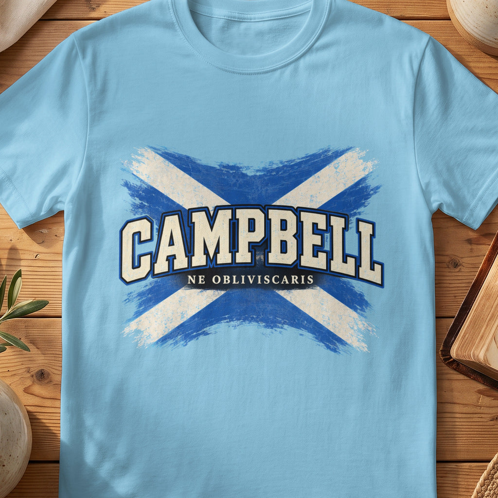 Campbell Scottish Saltire T-shirt in Sky, with distressed blue and cream flag and “Ne Obliviscaris” lettering.